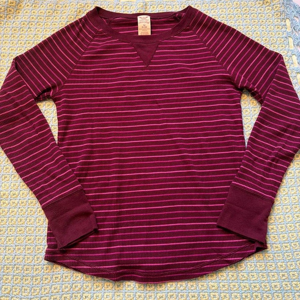 Vintage Faded Glory Striped Henley Thermal Top Pink Burgundy Y2K Medium
